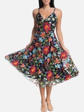 Dress the Population Black Midi Dress with Multicolor Floral Embroidery